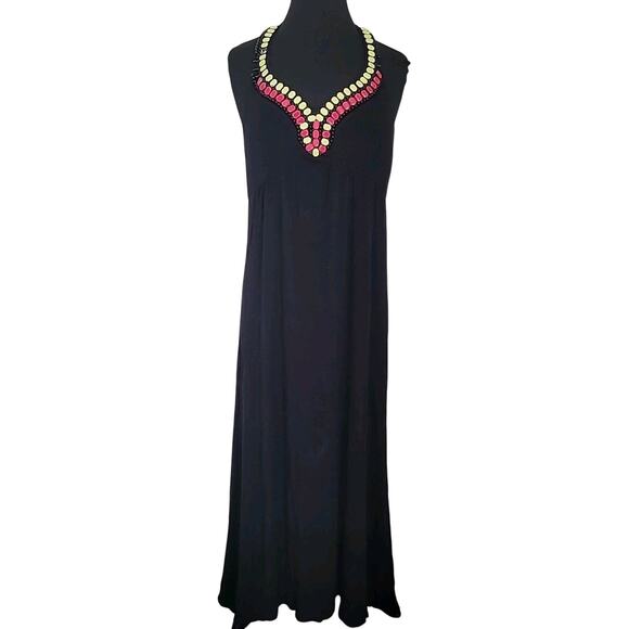 Nicole Miller Black Maxi Halter Dress XL – Colorful Beaded Collar Statement - Picture 1 of 8